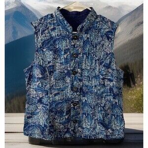 Basic Editions Women’s Size M Resersible Corduroy Vest Blue White Swirl Paisley